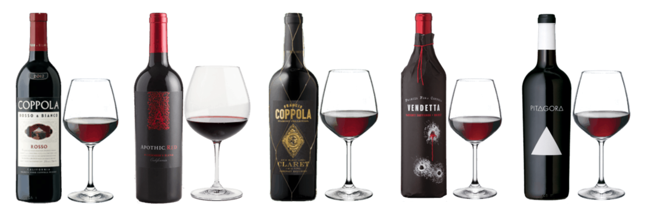 Coppola, Apothic, Vendetta, Pitagora red wines in a row