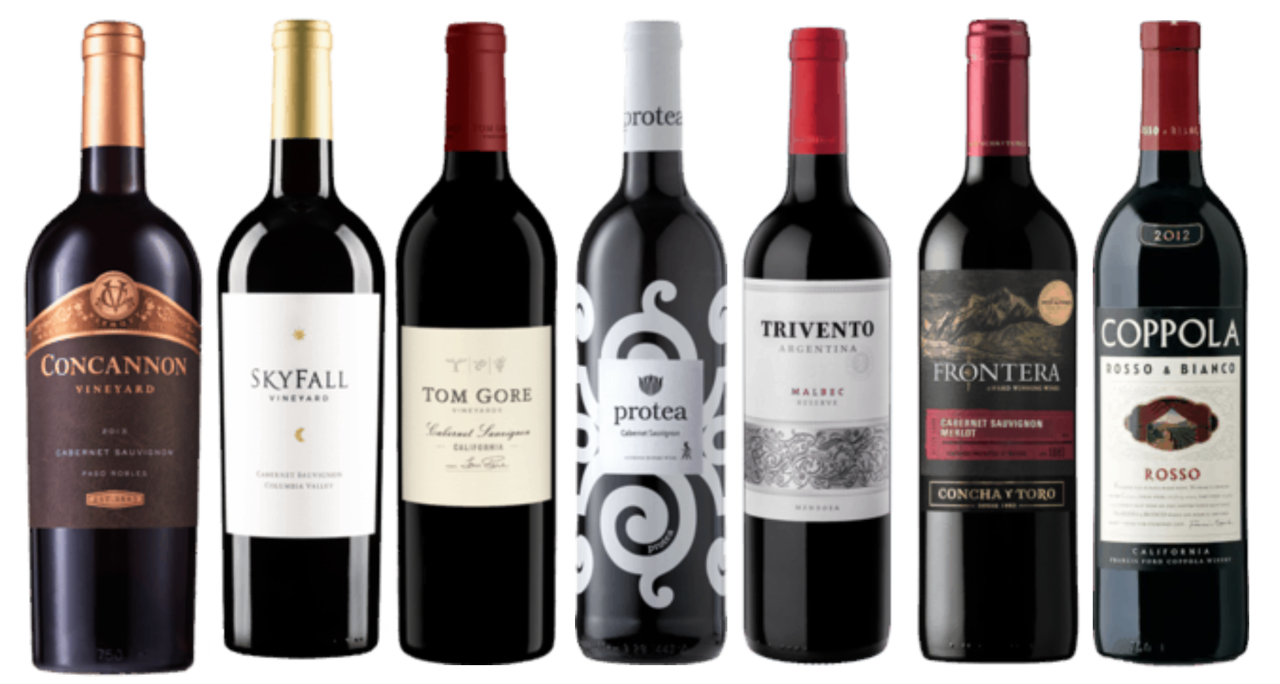 Concannon, SkyFall, Tom Gore, Protea, Trivento, Frontera, Coppola red wines in a row
