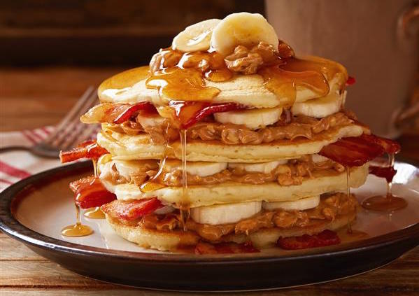 bacon and banana in between layers of pancakes