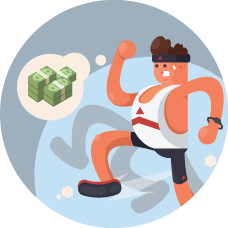 An illustration of a running person, with money on their mind