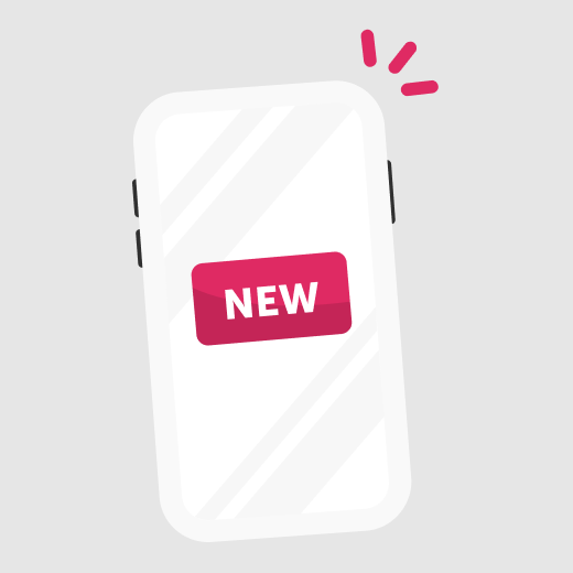 Illustrated white smartphone with a pink button that says NEW on the screen.