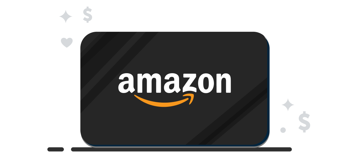 Illustrated black amazon gift card surrounded by light gray stars and dollar signs.