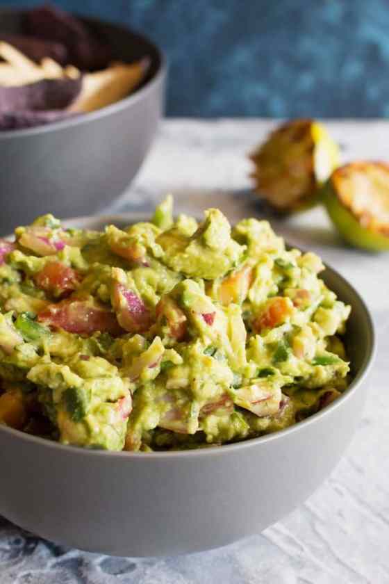 grilled guacamole in a gray bowl