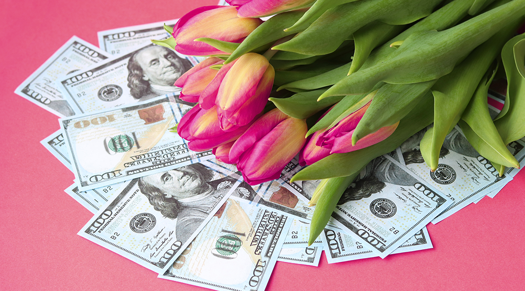 A bouquet of tulips lays over spread out $100 bills
