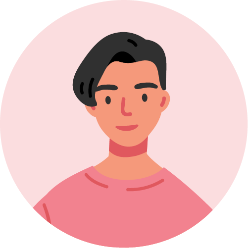 Illustrated person with short dark hair parted to the side