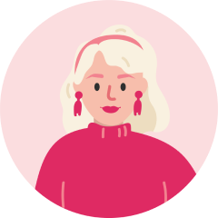 Illustrated woman with short light hair wearing a pink headband and pink earrings