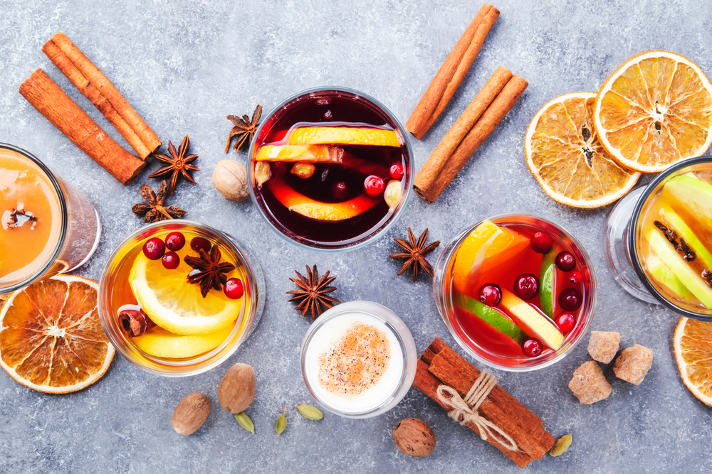 A birdeye view of 4 festive cocktails