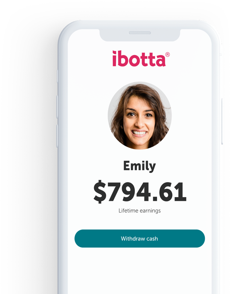 Ibotta earnings screen with a smiling woman's face over the name Emily and a Lifetime earnings of $794.61 shown