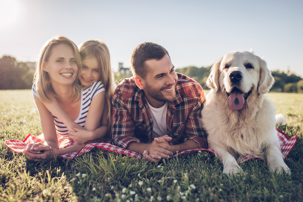 Family outside with their dog on picnic blanket