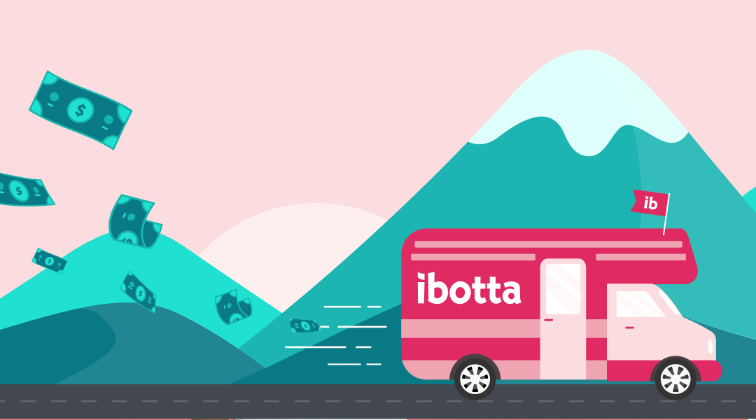 Illustrated pink Ibotta bus driving past teal mountains with dollar bills flying form the back of the van