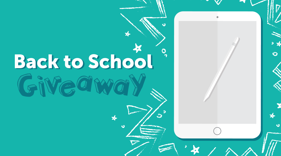 An illustration of an ipad next to the text "back to school giveaway"