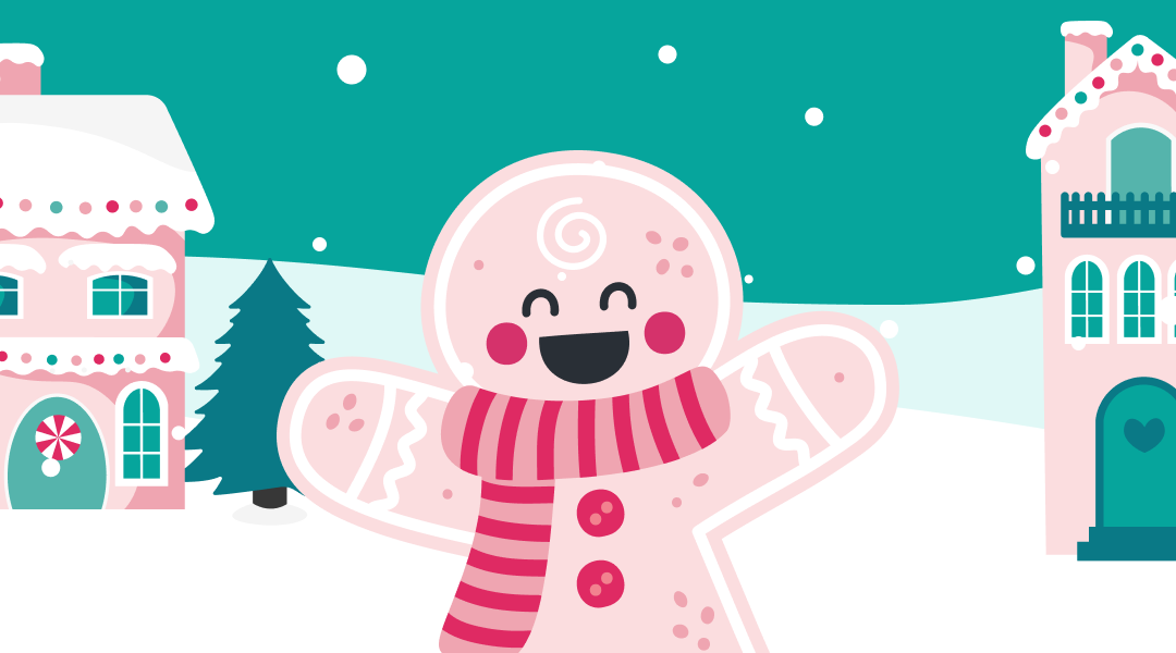 An illustration of a smiling gingerbread cookie in a gingerbread town. The gingerbread person is wearing a pink scarf.