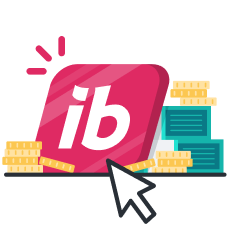 Ibotta pink "ib" logo surrounded by yellow coins and green stacks of cash. 