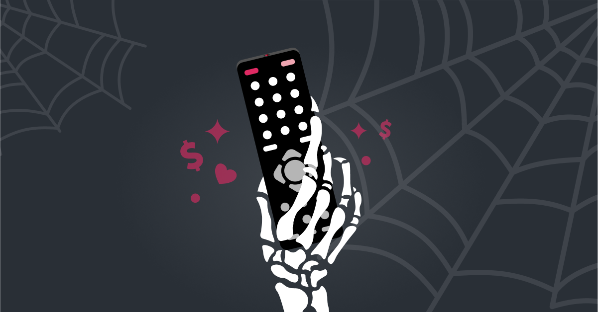 An illustrated skeleton hand holds a remote control for a TV.