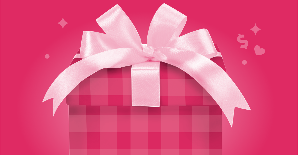 A pink gift box tied with a light pink bow surrounded by pink dollar signs