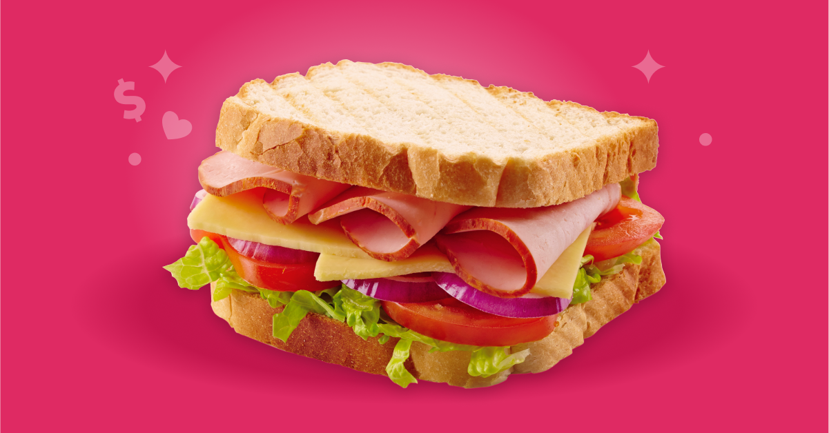 Make a cash back sandwich with Ibotta on white bread with tomato, lettuce, deli meat, cheese, and condiments