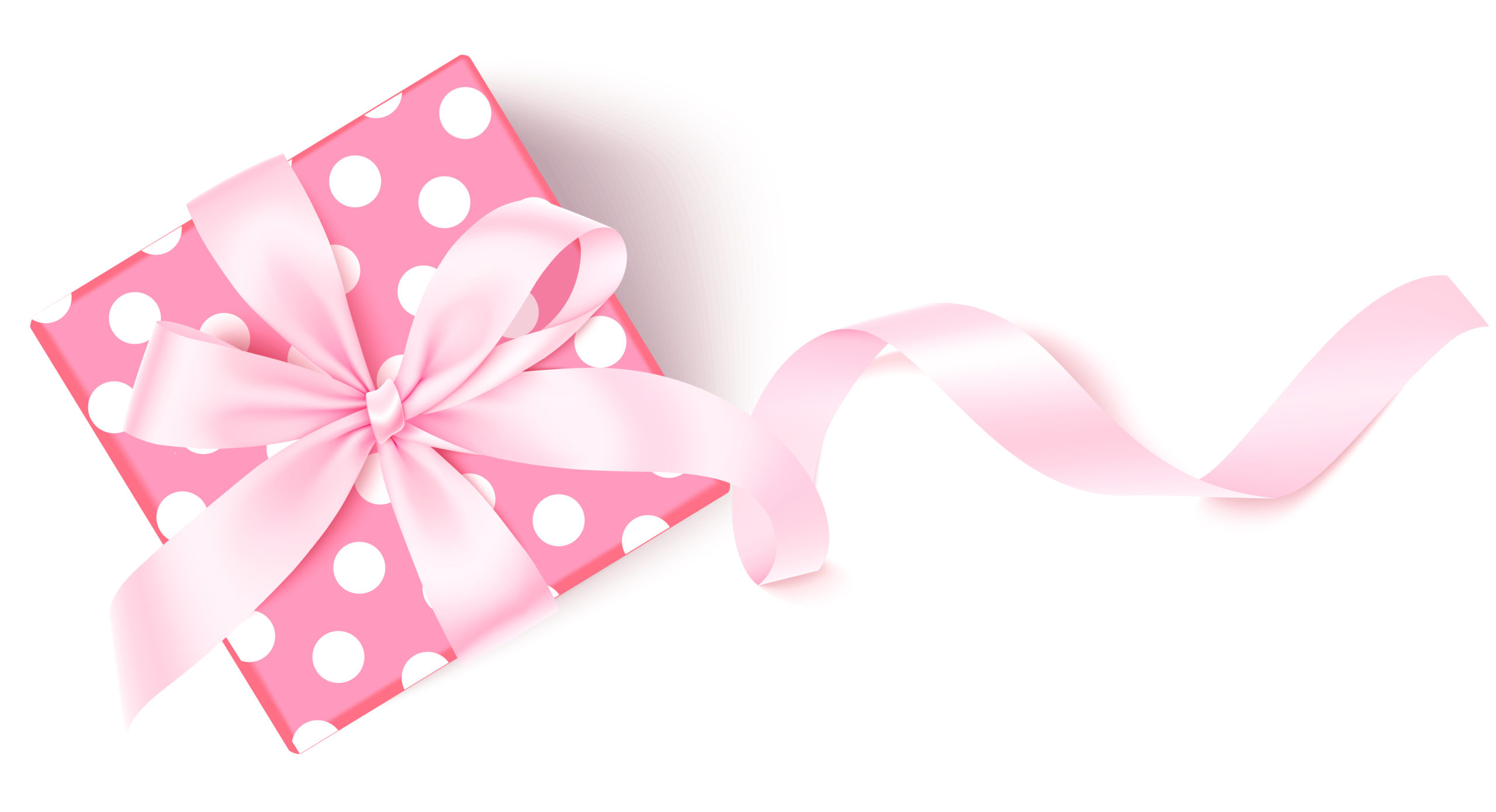 A pink polka dot gift box with a pink ribbon on top