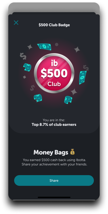 Ibotta app Earnings page club badge
